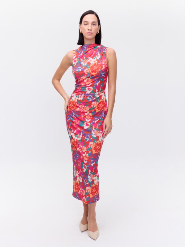 MIOH VESTIDO VIBRANT FLORES, DRAPEADO MANGA DESMONT. FLOWER