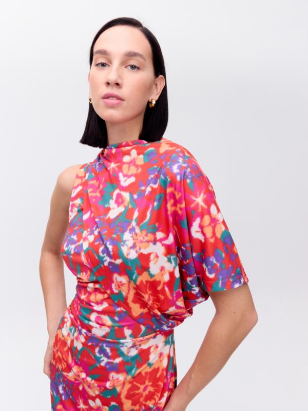 MIOH VESTIDO VIBRANT FLORES, DRAPEADO MANGA DESMONT. FLOWER