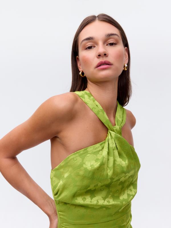 MIOH VESTIDO TROPICAL LIMA, CUELLO HALTER JACQUARD DE FLORES