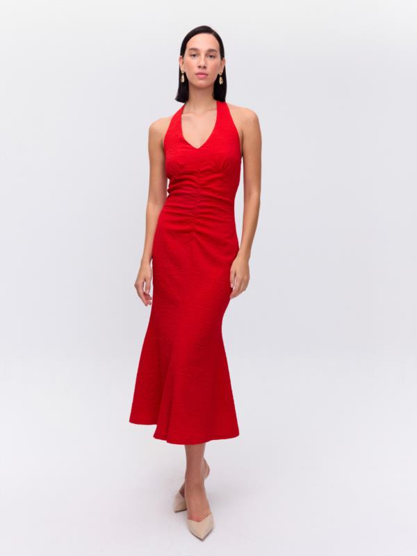 MIOH VESTIDO PLEASURE DAMASCO CON LAZADA CUELLO DRAP. 