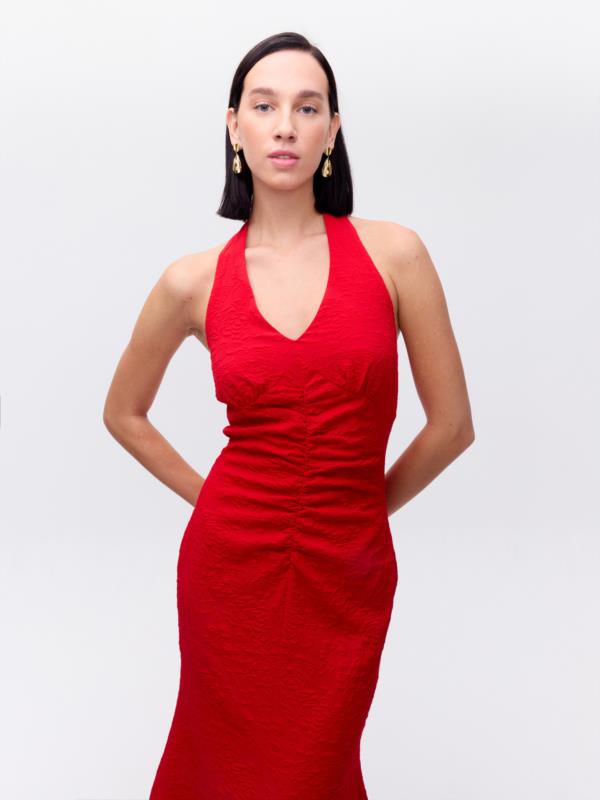 MIOH VESTIDO PLEASURE DAMASCO CON LAZADA CUELLO DRAP. 