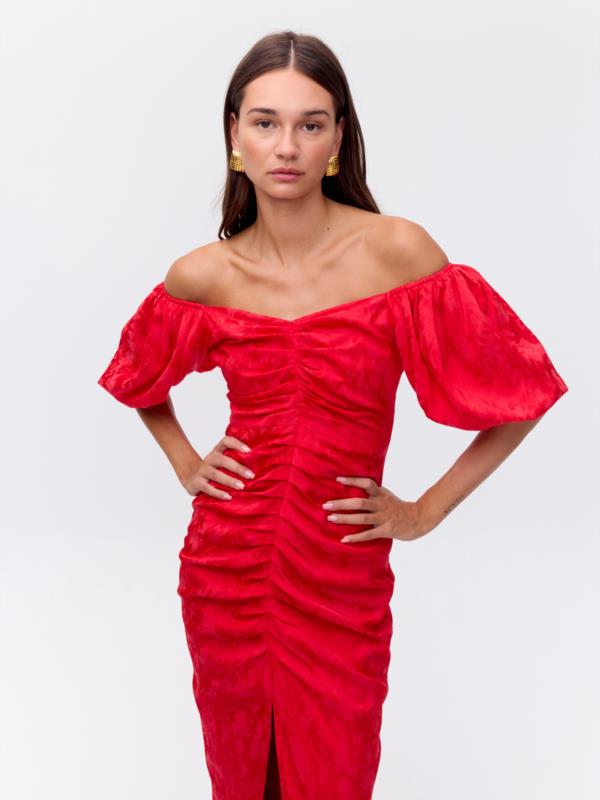 MIOH VESTIDO SPIRIT RED, VESTIDO DRAP MANDA CORTA JACQUARD