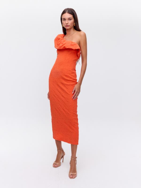 MIOH VESTIDO POETIC ORANGE, ASIMETRICO VOLANTE NARANJA