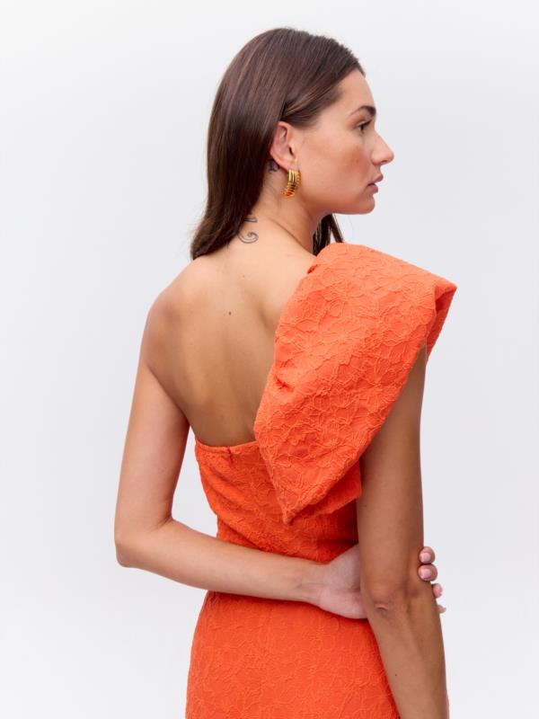 MIOH VESTIDO POETIC ORANGE, ASIMETRICO VOLANTE NARANJA