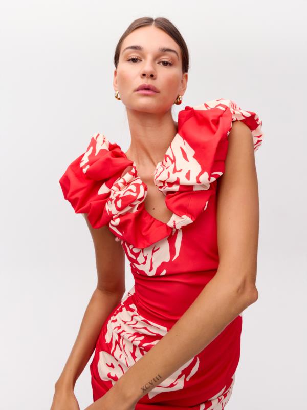 MIOH VESTIDO PETALO ROSES, ROJO VOLANTE ESCOTE BIG ROSES