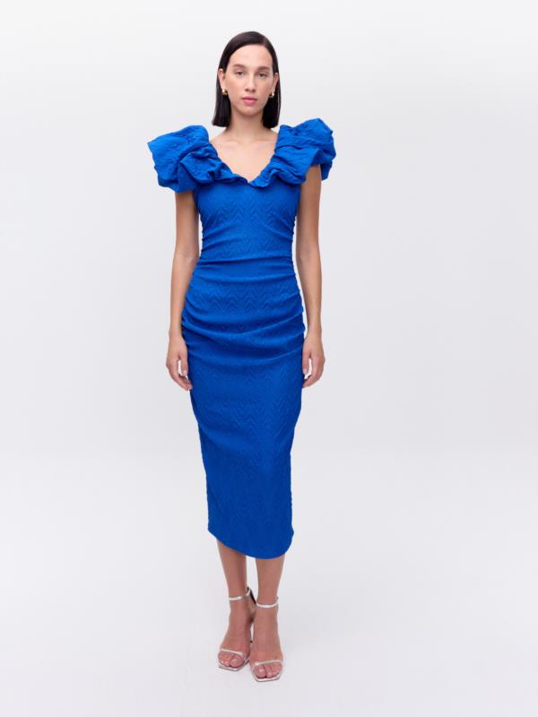 MIOH VESTIDO PETALO DAMASCO DE VOLANTE ESCOTE EN AZUL ESPIGA