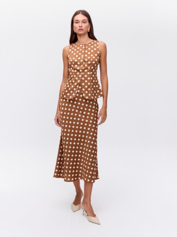 MIOH CONJUNTO MACAO DOTS, FALDA MIDI Y CHALECO