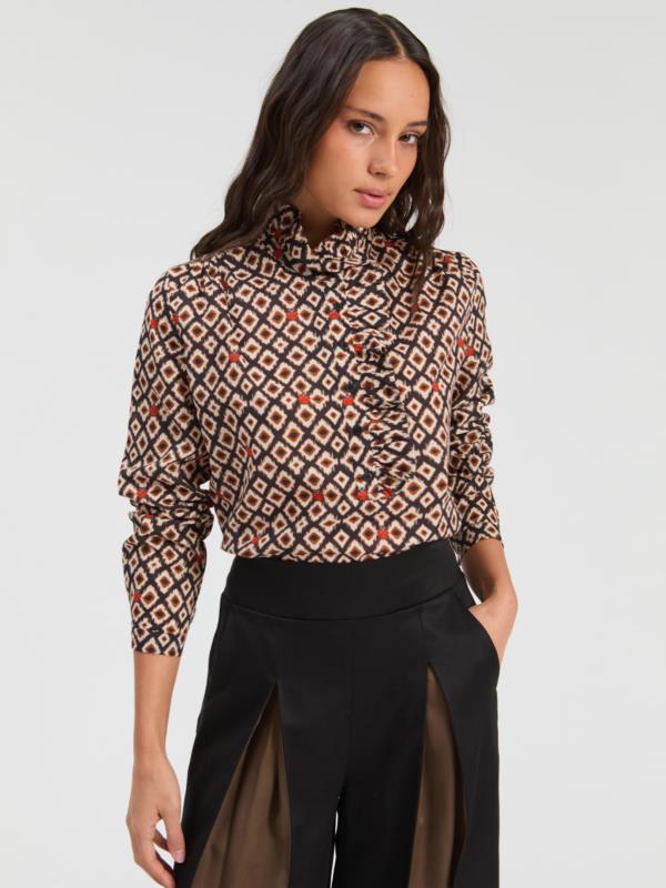 VILAGALLO CAMISA VOLANTES IKAT Y MARIQUITAS PRINT