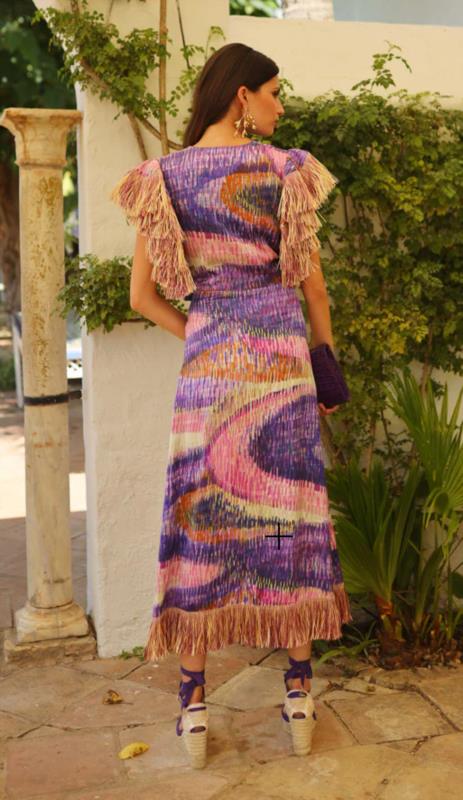 PANAMBI VESTIDO PASAMANERIA FLECO EN MANGA TEQUILA
